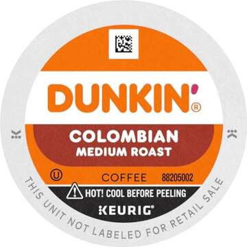 Dunkin' 100% Colombian Medium Roast Coffee, 10 Keurig K-Cup Pods