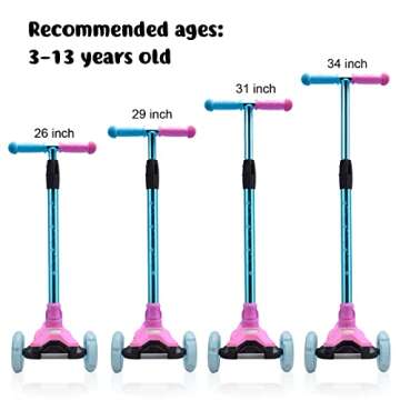 WV WONDER VIEW 3 Wheel Scooter for Kids, Kids Scooter with Light Up Wheels, Sturdy Deck Design, and 4 Height Adjustable Suitable for Kids Ages 3-12, Pink