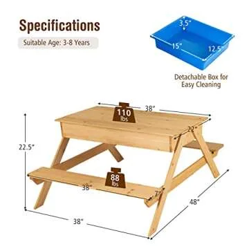 KOTEK Kids Picnic Table, 4 in 1 Convertible Sand and Water Table w/Detachable Tabletop & 2 Removable Storage Bins, Wood Sensory Table and Bench Activity Art Play Table for Outdoors, Indoors(Natural)