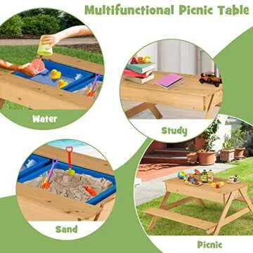 KOTEK Kids Picnic Table, 4 in 1 Convertible Sand and Water Table w/Detachable Tabletop & 2 Removable Storage Bins, Wood Sensory Table and Bench Activity Art Play Table for Outdoors, Indoors(Natural)