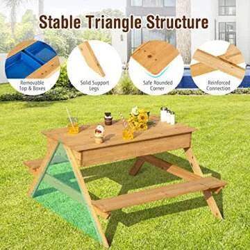KOTEK Kids Picnic Table, 4 in 1 Convertible Sand and Water Table w/Detachable Tabletop & 2 Removable Storage Bins, Wood Sensory Table and Bench Activity Art Play Table for Outdoors, Indoors(Natural)