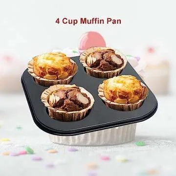 4 Cup Muffin Pan, Bakeware Non-stick Cupcake Baking Pan Mini Pie Pans, Air Fryer Small Oven Cupcake Baking Pan Non Stick No Toxic Bakeware, Heavy Duty Carbon Steel Muffin Tray for Oven Baking (2PCS)