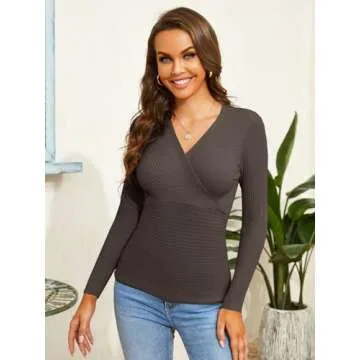 Fangetey Womens Deep V Neck Sexy Wrap Sweater Long Sleeve Slim-Fitted Knitted Jumper Top Coffee Large