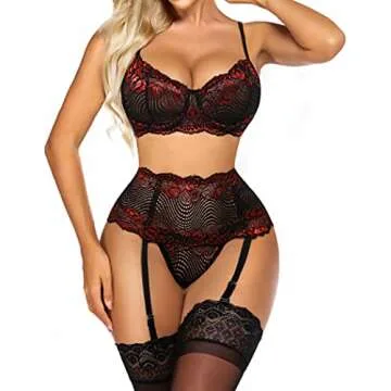 Avidlove Women Lingerie Set with Garter Belts Sexy Bra and Panty Underwire Push Up Lingerie Sets(Wine Red,S)
