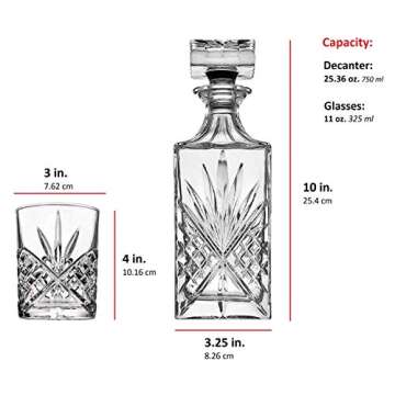 James Scott Liquor Decanter 5-Piece Irish-Cut Crystal Decanter & Whiskey Glasses Set - for Whiskey, Wine and Bourbon - Includes 24 oz. Decanter with Stopper and 4 x 11 oz. Glasses | Beautiful Gift Box