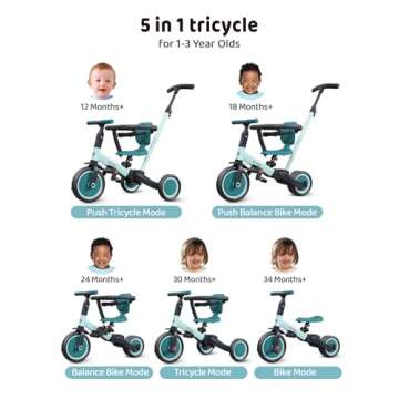 newyoo TR008 Toddler Push Tricycle, Toddler Bike for 1-3 Years Olds, Birthday Gift for Boys and Girls, 5 in 1 Balance Bike with Handle, Kids Trike with Safe Bar, Green
