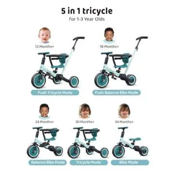 newyoo TR008 Toddler Push Tricycle, Toddler Bike for 1-3 Years Olds, Birthday Gift for Boys and Girls, 5 in 1 Balance Bike with Handle, Kids Trike with Safe Bar, Green