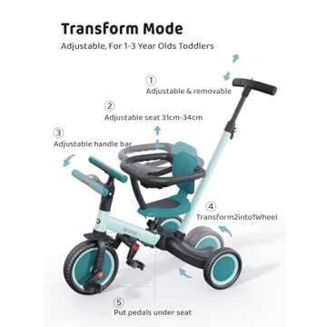 newyoo TR008 Toddler Push Tricycle, Toddler Bike for 1-3 Years Olds, Birthday Gift for Boys and Girls, 5 in 1 Balance Bike with Handle, Kids Trike with Safe Bar, Green