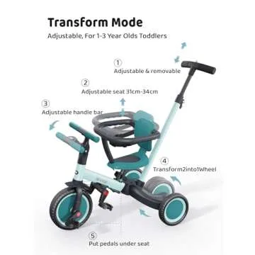 newyoo TR008 Toddler Push Tricycle, Toddler Bike for 1-3 Years Olds, Birthday Gift for Boys and Girls, 5 in 1 Balance Bike with Handle, Kids Trike with Safe Bar, Green