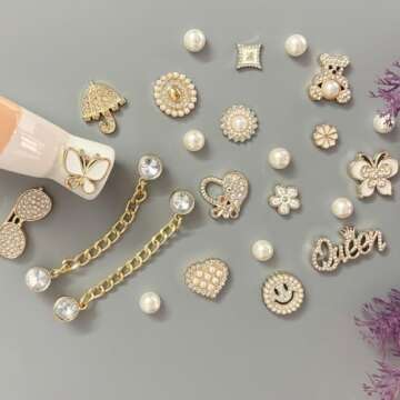 Arrebolli Gold Queen Bling Shoe Charms for Women Clog Sandals, Glitter Rhinestones, Girly Shoe Chains, DIY Resin Butterfly Flower Pearl Shoe Decoration Charms for Girls, Party Favor