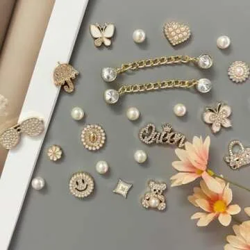 Arrebolli Gold Queen Bling Shoe Charms for Women Clog Sandals, Glitter Rhinestones, Girly Shoe Chains, DIY Resin Butterfly Flower Pearl Shoe Decoration Charms for Girls, Party Favor