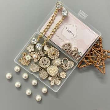 Arrebolli Gold Queen Bling Shoe Charms for Women Clog Sandals, Glitter Rhinestones, Girly Shoe Chains, DIY Resin Butterfly Flower Pearl Shoe Decoration Charms for Girls, Party Favor