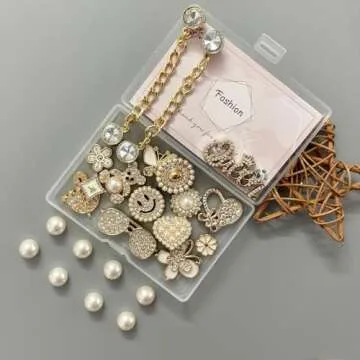 Arrebolli Gold Queen Bling Shoe Charms for Women Clog Sandals, Glitter Rhinestones, Girly Shoe Chains, DIY Resin Butterfly Flower Pearl Shoe Decoration Charms for Girls, Party Favor