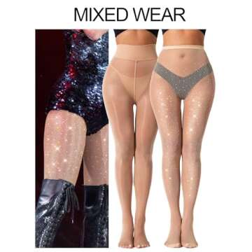VEBZIN 1 Pair Women's Sheer Tights and 1 Pair Sparkly Fishnet Leggings Match Sets Nude Sparkle High ...