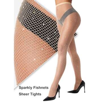 VEBZIN 1 Pair Women's Sheer Tights and 1 Pair Sparkly Fishnet Leggings Match Sets Nude Sparkle High Waist Fishnets Sheer Tights