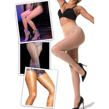VEBZIN 1 Pair Women's Sheer Tights and 1 Pair Sparkly Fishnet Leggings Match Sets Nude Sparkle High Waist Fishnets Sheer Tights