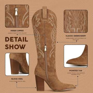 VOMIRA Knee High Cowboy Boots Suede Boots for Women Pointed Toe Chunky High Heels Pull-on Embroidered Boots Western Boots Wide Calf Cowgirl Boots