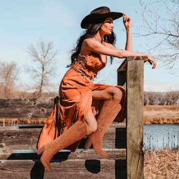 VOMIRA Knee High Cowboy Boots Suede Boots for Women Pointed Toe Chunky High Heels Pull-on Embroidered Boots Western Boots Wide Calf Cowgirl Boots