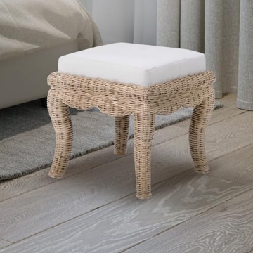 JONATHAN Y VSL1000A Rowan 19.7" Bohemian Designer Woven Rattan/Wood Vanity Stool, White Cushion with Natural Frame, for Living Room, Bedroom, Entryway, Foyer