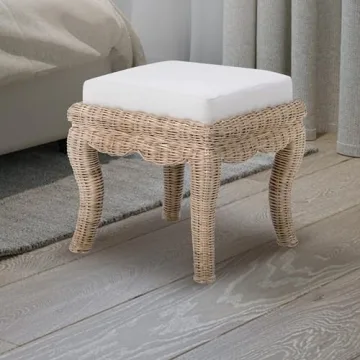 JONATHAN Y VSL1000A Rowan 19.7" Bohemian Designer Woven Rattan/Wood Vanity Stool, White Cushion with Natural Frame, for Living Room, Bedroom, Entryway, Foyer