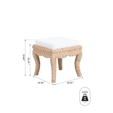 JONATHAN Y VSL1000A Rowan 19.7" Bohemian Designer Woven Rattan/Wood Vanity Stool, White Cushion with Natural Frame, for Living Room, Bedroom, Entryway, Foyer