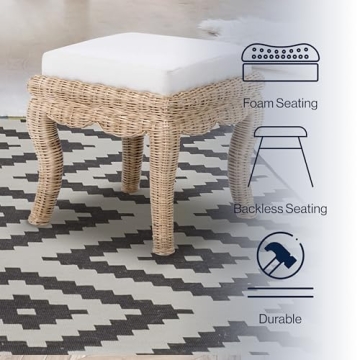 JONATHAN Y VSL1000A Rowan 19.7" Bohemian Designer Woven Rattan/Wood Vanity Stool, White Cushion with Natural Frame, for Living Room, Bedroom, Entryway, Foyer