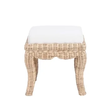 JONATHAN Y VSL1000A Rowan 19.7" Bohemian Designer Woven Rattan/Wood Vanity Stool, White Cushion with Natural Frame, for Living Room, Bedroom, Entryway, Foyer