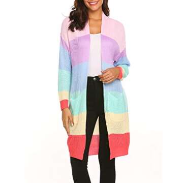 Naggoo Womens Knit Cardigan Sweater Coat Long Sleeve Rainbow Open Front Kimono Cardigan Pink L