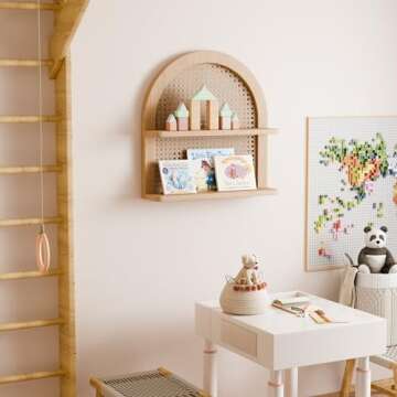 Eostbe Rattan Wall Shelf Boho Nursery Decor, 2-Tier Arched Woven Natural Wood Wicker Wall Shelf, 16'...