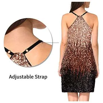 MANER Women's Glitter Sequin Dress Adjustable Spaghetti Strap Sparkle Party Dresses (Light Brown/Coffee/Black, X-Large)