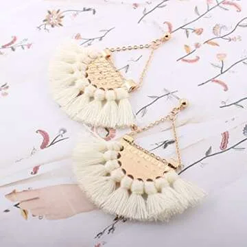 Youniker Womens Tassels Earrings Bohemian Tassel Drop Vintage Retro Tassel Dangle Boho Drop Earrings Eardrop Stud for Women (White)