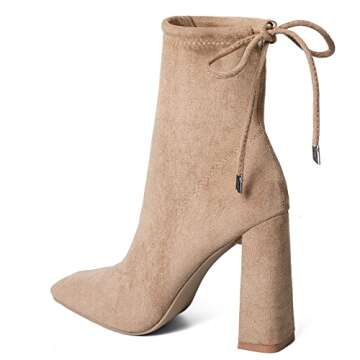 mysoft Women's Fashion Ankle Boots Square Toe Chunky Block High Heel Mid Calf Lace Up Booties