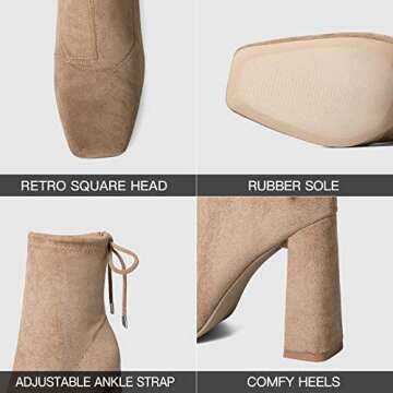 mysoft Women's Fashion Ankle Boots Square Toe Chunky Block High Heel Mid Calf Lace Up Booties