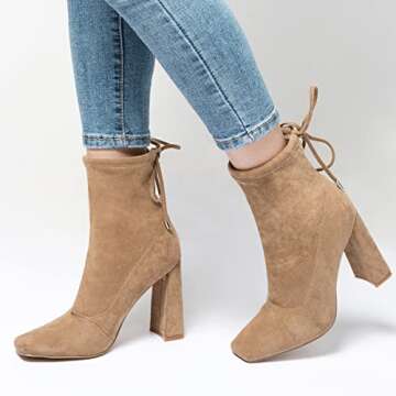 mysoft Women's Fashion Ankle Boots Square Toe Chunky Block High Heel Mid Calf Lace Up Booties