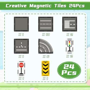 Magnetic Tiles Road Set, Magnet Tiles for Kids Ages 3-5 4-8 5-7, Magnetic Building Blocks Montessori Educational STEM Creativity Toys 3+ Year Old Boys & Girls Toddlers Kids Christmas Birthday Gifts