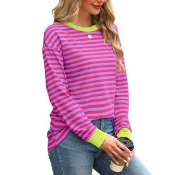 WIHOLL Womens Long Sleeve Tops Pink Striped Shirt Women Casual Fall Tunic Tops Womens Fall Fashion 2024 M