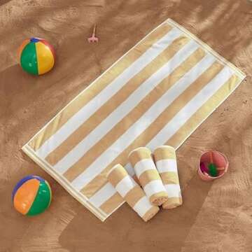Large Beach Towel Set of 4 - Soft Cabana Striped Beach Towels for Adults and Velour Pool Towels with 100% Cotton - Lightweight Quick Dry Beach Towel Pack and Cute Beach Towel for Women and Men