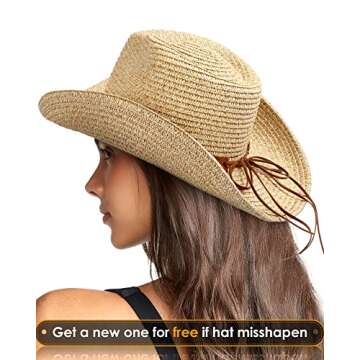 Women Straw Sun Hat Mens Cowboy Western Hat Garden UPF 50+ Shapeable Wide Brim Summer Hat