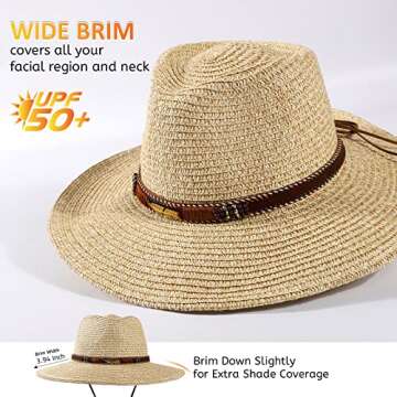 Women Straw Sun Hat Mens Cowboy Western Hat Garden UPF 50+ Shapeable Wide Brim Summer Hat