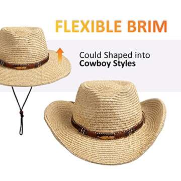 Women Straw Sun Hat Mens Cowboy Western Hat Garden UPF 50+ Shapeable Wide Brim Summer Hat