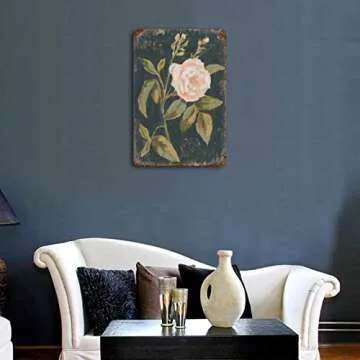 Charming Vintage Pink Rose Tin Sign Floral Plant Poster Distressed Black Wall Plaque Hanging Iron Painting Spring Summer Farmhouse Home Kitchen Bedroom Bathroom Wall Decor Gift for Friends 5.5x8