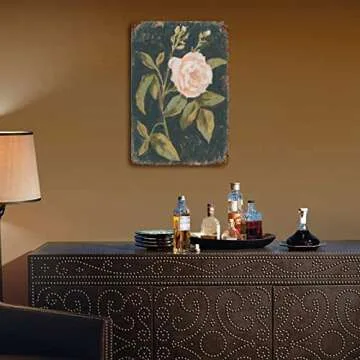 Charming Vintage Pink Rose Tin Sign Floral Plant Poster Distressed Black Wall Plaque Hanging Iron Painting Spring Summer Farmhouse Home Kitchen Bedroom Bathroom Wall Decor Gift for Friends 5.5x8