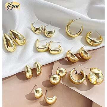 iF YOU Chunky Gold Hoop Earrings Set, 9 Pairs of Stylish Gold Earrings