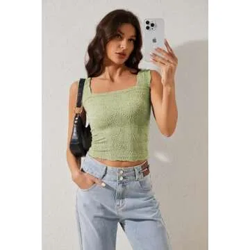 PICPUNMAK Women Square Neck Crop Tank Top Wide Strap Floral Fringe Lettuce Edge Hem Crop Vest Sleeveless Crop Tops Cami Green
