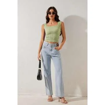 PICPUNMAK Women Square Neck Crop Tank Top Wide Strap Floral Fringe Lettuce Edge Hem Crop Vest Sleeveless Crop Tops Cami Green