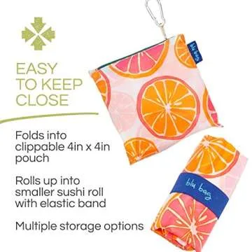 rockflowerpaper Reusable Grocery Bags for Shopping - Citrus Red Pattern Blu Bag - Machine Washable, Foldable, Packable Tote - Large Handles - Heavy Duty and Lightweight - Zippered Top Pouch