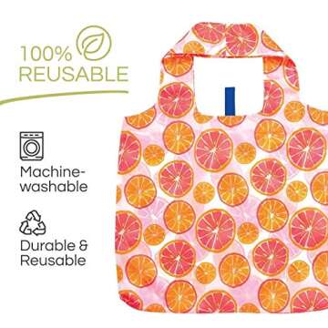 rockflowerpaper Reusable Grocery Bags for Shopping - Citrus Red Pattern Blu Bag - Machine Washable, Foldable, Packable Tote - Large Handles - Heavy Duty and Lightweight - Zippered Top Pouch
