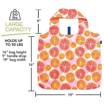 rockflowerpaper Reusable Grocery Bags for Shopping - Citrus Red Pattern Blu Bag - Machine Washable, Foldable, Packable Tote - Large Handles - Heavy Duty and Lightweight - Zippered Top Pouch