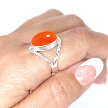 JEWELOPORIUM Orange Carnelian Silver Ring, 925 Sterling Silver Ring for Women, Natural Oval Stone Ha...