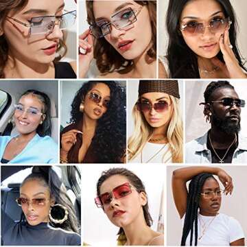 LASPOR 2 Pack Rectangle Rimless Sunglasses for Men Women Vintage Retro Square Gold Metal Frameless Glasses Tinted Lens（Tea Brown + Transparent）